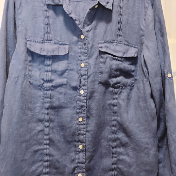 Tommy Bahama Two Palms Linen Shirt Navy Blue Roll Tab Sleeve Size M - Picture 2 of 5